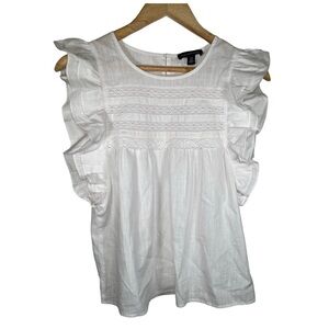 Saks Fifth Avenue White Flutter Sleeve Blouse with Ruffled Design